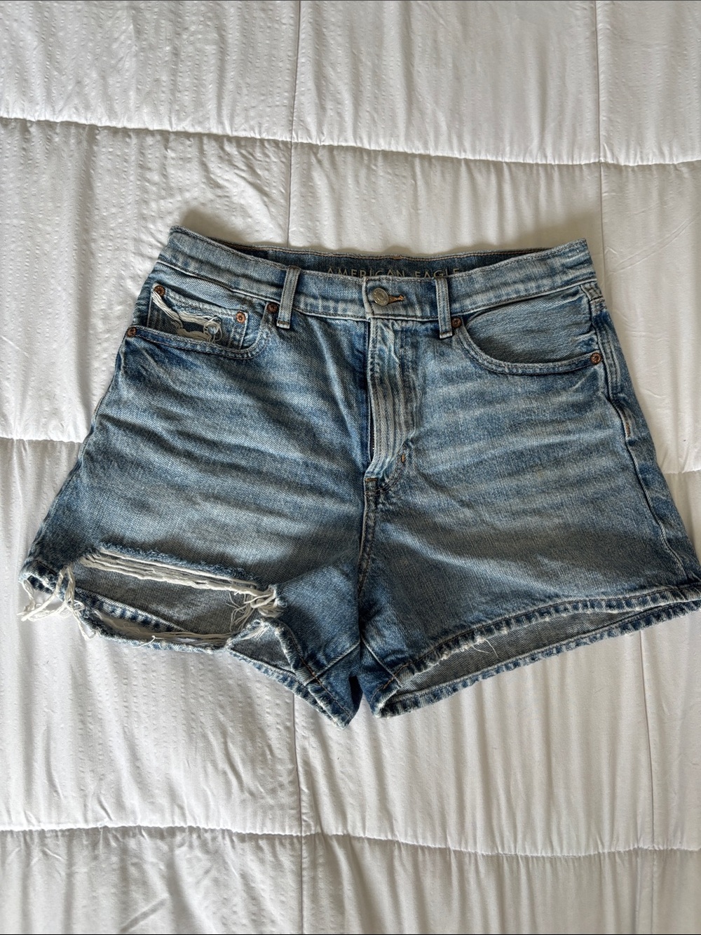 AEO High Waisted Blue Distressed Denim Shorts